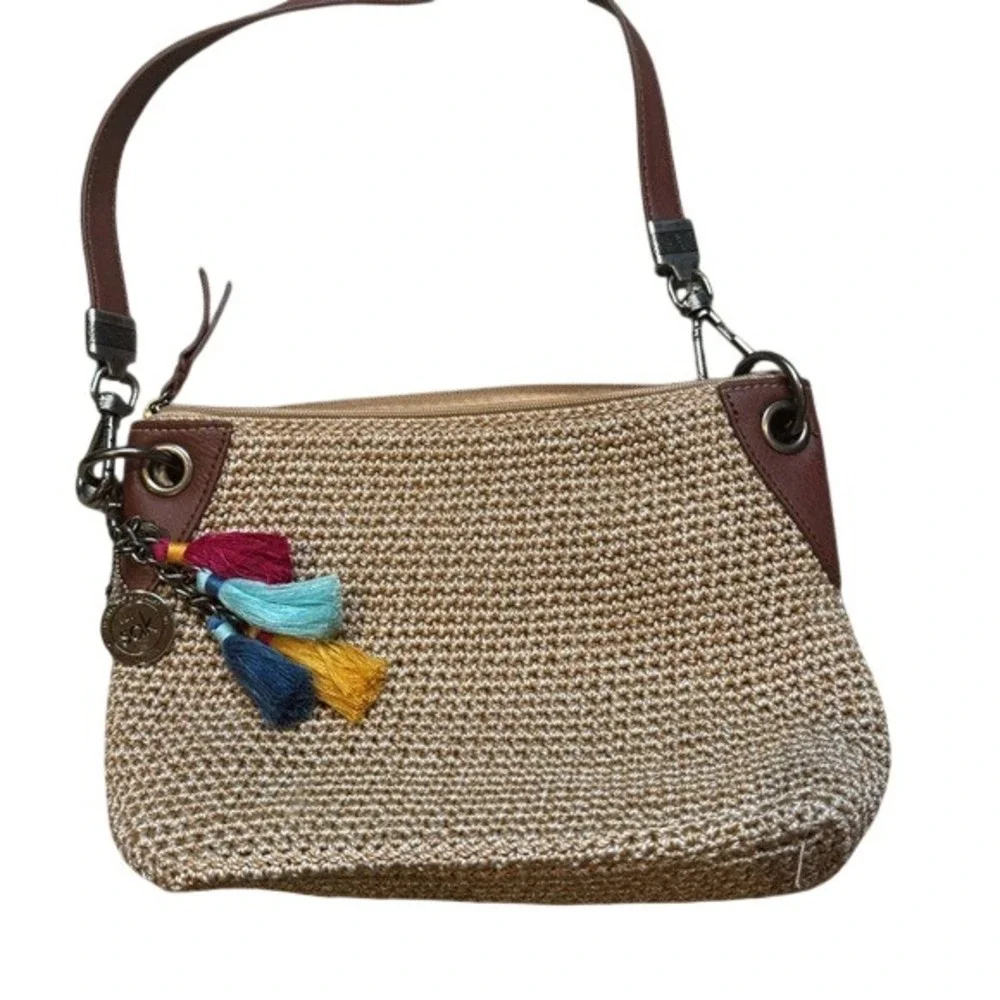 The Sak‎ Crochet Crossbody Bag Tan Brown Leather Trim Tassel Charm